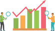 © Qadeer - Two people analyze a bar graph with a rising trend line using magnifying glasses for insights and details