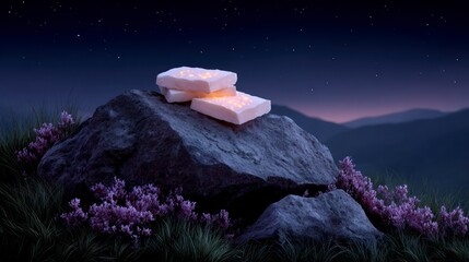 Wall Mural - Stacked illuminated blocks rest on a large rock with purple flowers and grass under a starry night sky