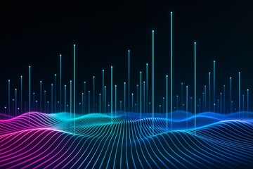 Wall Mural - futuristic glowing light lines forming wave grid with vertical beams on dark background, symbolizing