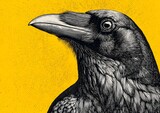 Detailed raven illustration against vibrant yellow backdrop highlighting feather texture and sharp features