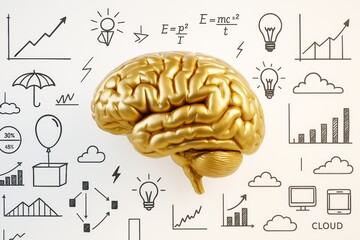 Wall Mural - golden human brain model with scientific diagrams and light icons on white background symbolizing kn
