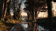 © Ummu - Sunlit country lane, flooded, trees, cottages