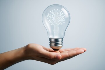 Wall Mural - hand holding glowing light bulb with digital circuit tree symbolizing innovation and technology on b