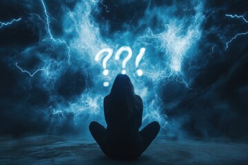 Wall Mural - Woman is sitting on the ground with her hands on her knees. She is looking up at a blue sky with three question marks. Woman stressed with question marks and thunder symbols around.