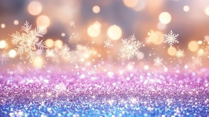 Wall Mural - Sparkling Winter Dreamscape: A mesmerizing panorama of snowflakes dancing against a backdrop of shimmering, bokeh-filled lights, conjuring the magic of winter and the festive season. 