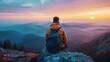 © Serega - Mountain Vista Meditation: A lone hiker enjoying a peaceful moment amidst rolling mountains at sunset.