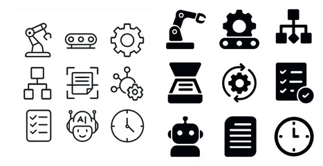 Artificial intelligence outline icons set – tech, automation, digital symbols