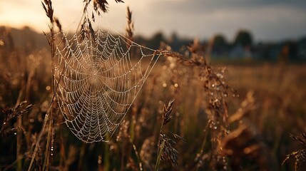 Morning dew glistens on intricate spiderweb in golden sunrise light, nature's delicate art