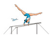 © Rama - Gymnast doing handstand split on uneven bars blue bird flying by