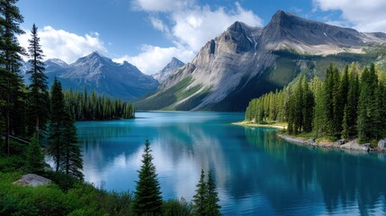 Rocky peaks in Banff National Park, turquoise glacial lake surrounded by pine forests, soft midday light 