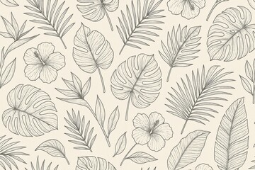 Wall Mural - Tropical leaves and hibiscus flowers hand-drawn outline seamless pattern on light background, natural botanical design template for wallpaper and backdrop. Ai generative