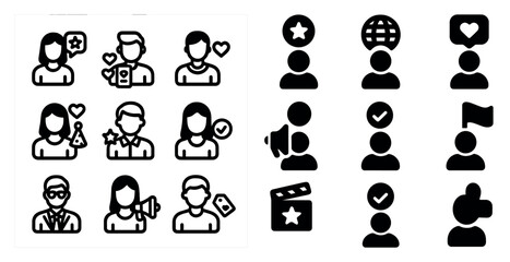 Communication and networking icons set - solid, outline for social media and interaction