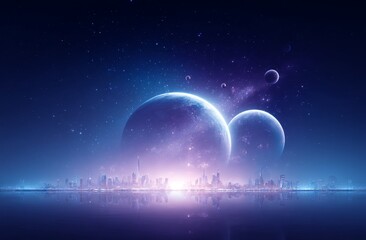 A starry sky and vibrant planet loom above a celestial city, where clouds drift lazily through the air, intertwining with the towering buildings that merge the ingenuity of urban design with the