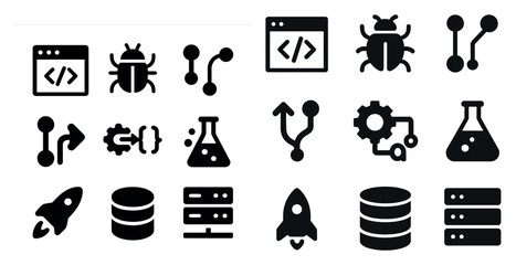Software development solid icons set – filled, programming, tech symbols