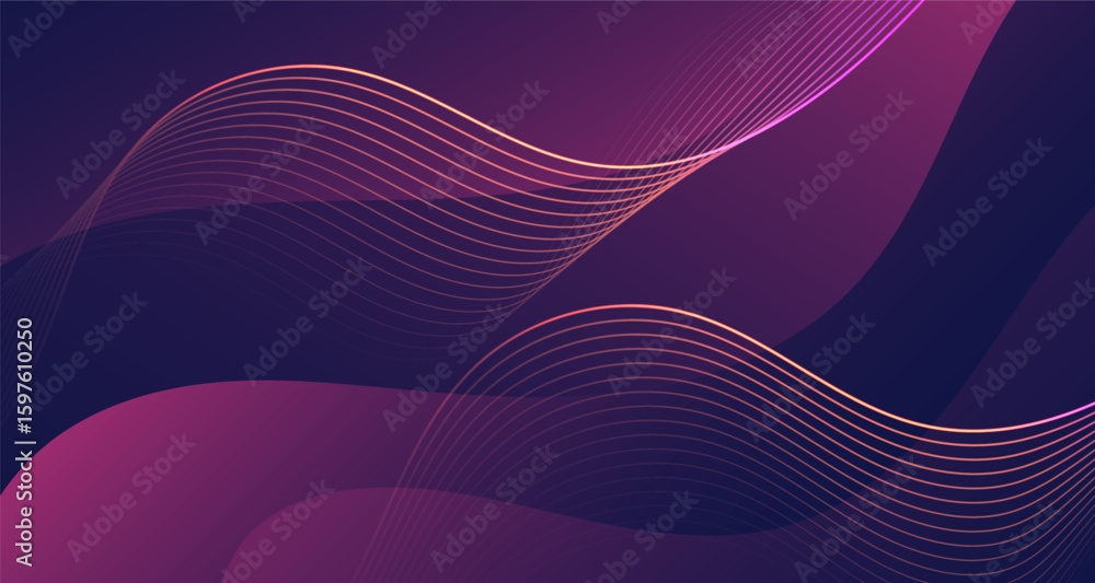 Abstract purple background with glowing curved lines and modern wave ...