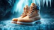 © Yevheniiya - Pair of leather boots on icy surface with a blurred background of an ice cave and icicles.
