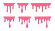 © Iulia - Set of hand drawn long drip of pink glaze, topping, ice cream, gelato, strawberry syrup. Contour, silhouette of dripping drop from cake, dessert, isolated on white background. Flat Vector EPS10