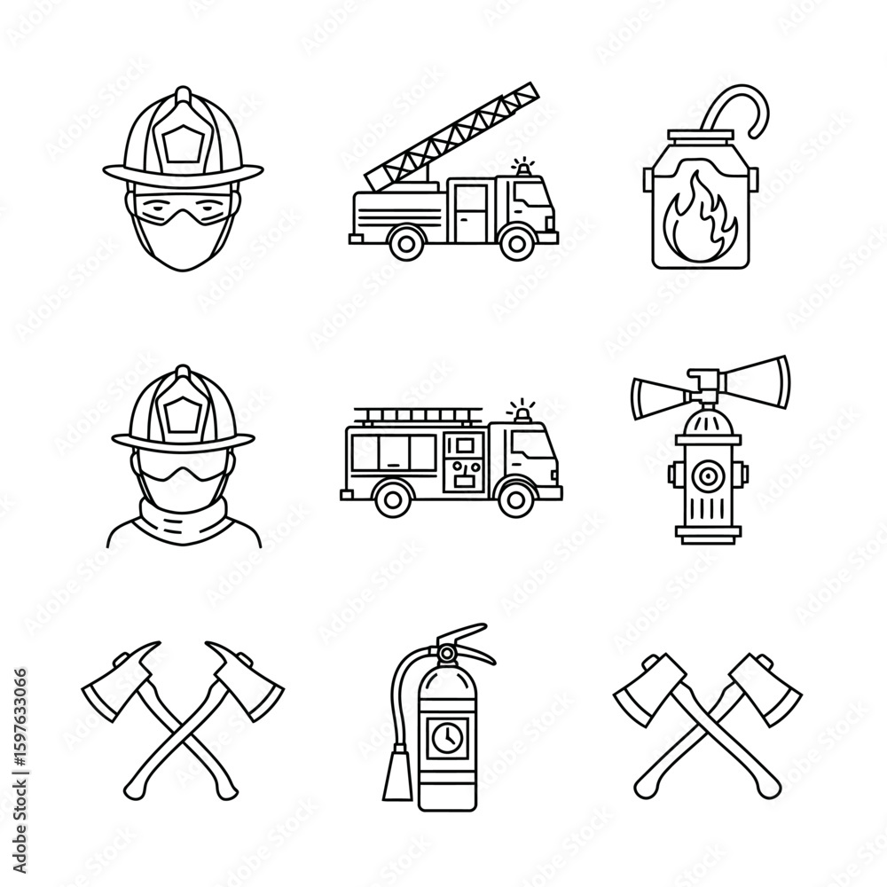 A collection of line art icons depicting firefighting equipment and ...