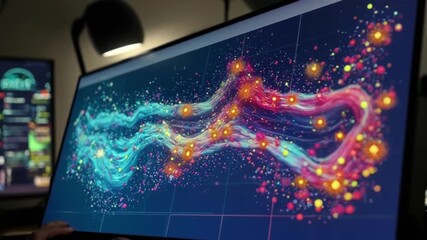 A monitor displaying a colorful abstract design with flowing lines and glowing orbs on a dark background