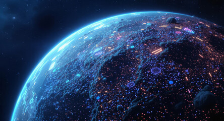 Wall Mural - Luminous alien planet surface with sprawling glowing cities and cloudy terrain in deep space.