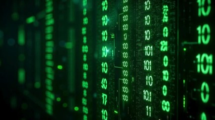 green digital code flowing on screen with binary matrix background