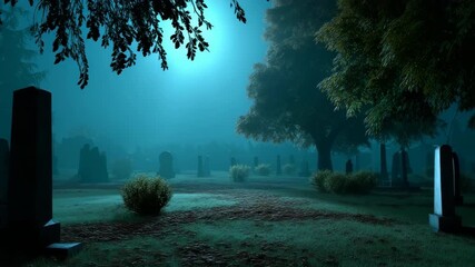 Wall Mural - A graveyard at night with a cemetery full of gravestones. The sky is dark and the moon is shining brightly