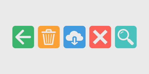 Colorful Icon Set Featuring Back Delete Cloud Download Close and Search Magnifying Glass for UI Design and Development Projects