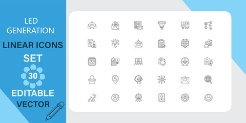 Thirty editable vector linear icons showcasing LED generation themes. Includes various symbols related to energy, technology, and innovation.