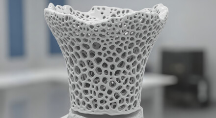 Intricate 3D-printed vase, organic lattice design, white, detailed texture.