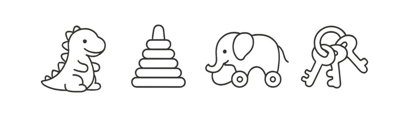 Wall Mural - toys, animals line icon set. playful children collection in outline style