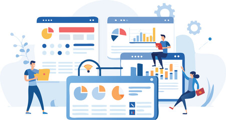 Illustration of people interacting with data dashboards and charts on computer screens online data analysis