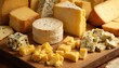 © Viktor - Assortment of gourmet cheeses, including soft rind, blue, aged varieties, arranged on rustic wooden board. Ideal for food blogs, restaurant menus, gourmet deli promotions, artisanal dairy products.