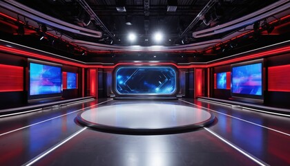 Modern television news virtual studio environment with dynamic backdrop, engaging layout. Features pro ambiance, versatile space for broadcasting, news presentations, information transmission.