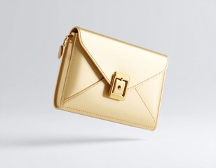 Wall Mural - floating golden envelope clutch with brass buckle against soft clear background