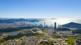 Aerial view of Balneário Camboriú skyline and coast on a clear sunny day, Santa Catarina, Brazil.
