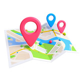Three location pins of different colors are placed on a cartoon map with roads, rivers, and green areas.