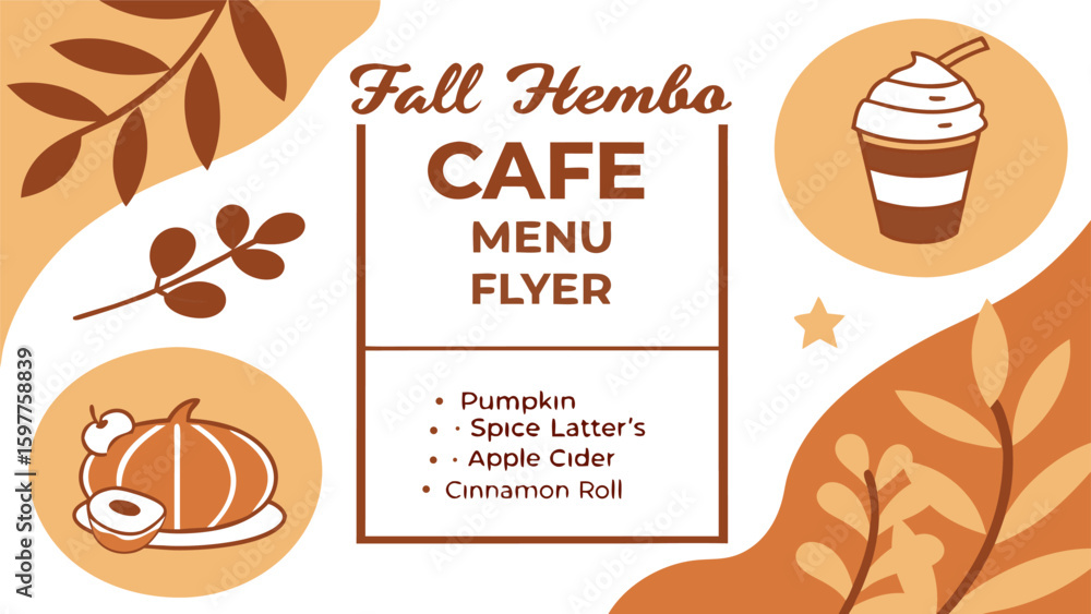 Fall cafe menu flyer with autumnal illustrations of pumpkin spice latte ...