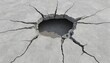 © Viktor - Realistic 3d illustration shows cracked concrete wall ground texture with fissure split hole. Distressed surface shows destruction, damage, resembling drought earthquake effects. Cement, asphalt