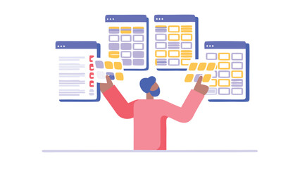 person interacting with multiple web interfaces for design and development planning and organization