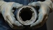 © Viktor - Close-up of gloved hand holding dirty, clogged pipe. Rough grime and rust inside metal tube. Plumbing repair, maintenance work in home interior. Focus on worn texture, blockage problem.