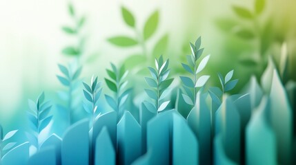 Wall Mural - stylized papercraft plants sprouting from textured blue landscape.