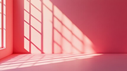 Wall Mural - sunlight streams through a window, casting shadows on a pink room's wall and floor.