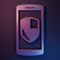 Wall Mural - purple smartphone, mobile phone with security shield icon isolated on purple-blue background. minima