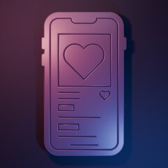 Wall Mural - purple mobile phone with heart icon isolated on purple-blue background. valentines day. minimalism c