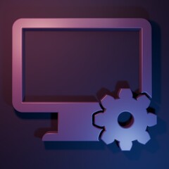 Wall Mural - purple computer monitor and gear icon isolated on purple-blue background. adjusting, service, settin