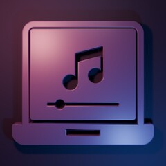 Wall Mural - purple laptop with music note symbol on screen icon isolated on purple-blue background. minimalism c