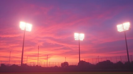 Wall Mural - vivid sunset sky over stadium lights at dusk.