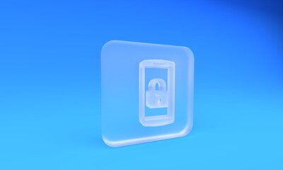 Wall Mural - Frosted glass Smartphone with closed padlock icon isolated on blue background. Phone with lock. Mobile security, safety, protection concept. Square frosted glass button. 3D render illustration