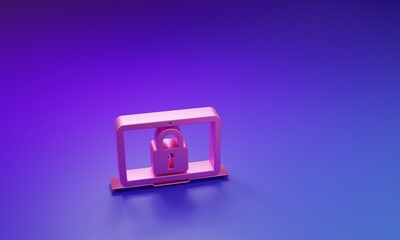 Wall Mural - Pink Laptop and lock icon isolated on purple-blue background. Computer and padlock. Security, safety, protection concept. Safe internetwork. Minimalism concept. 3D render illustration