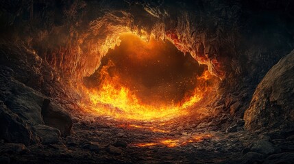 Wall Mural - fiery cave entrance with glowing embers and rocks.